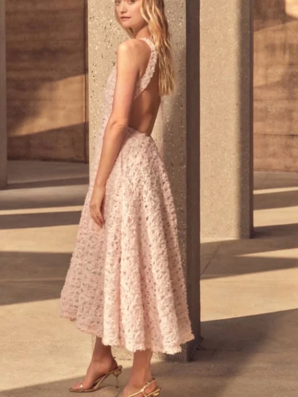 Aje Blush Pink Lace Open-Back Midi Dress